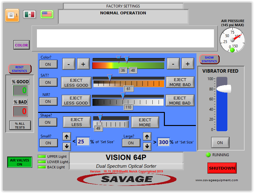 Vision in-shell sorter's user interface panel